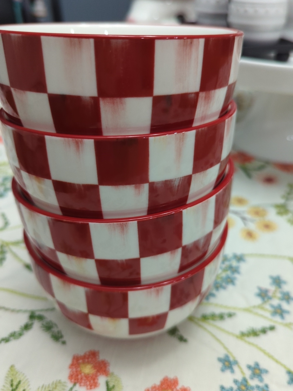 Mackenzie Childs Bowls set of 4 Cherry Check
